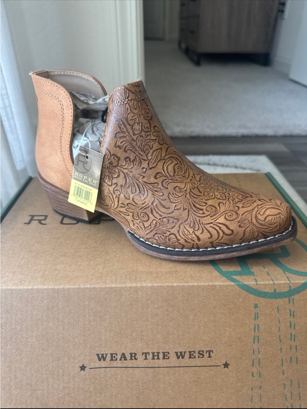 Roper Tan Embossed Western Ankle Bootie - Picture 2 of 7